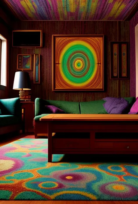 brightly colored living room with a colorful rug and a painting