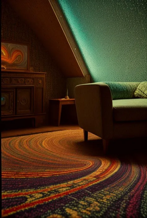 arafed view of a couch in a room with a colorful rug