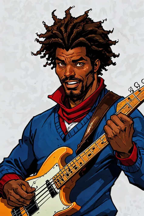 close-up photo portrait of a 45 yo african man, black afro hair, stubble, brown eyes, excited face expression, singing, red bass guitar, blue sweater, black bluesman, simple background