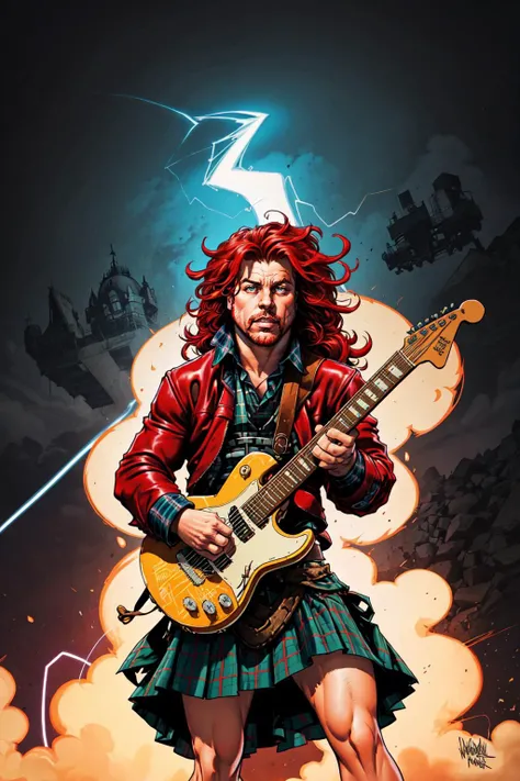 Irish James Hetfield from Metallica, 1boy, male focus, red hair, beard, long curly hair, mullet, electric guitar, heavy metal concert, plaid skirt, scottish kilt, red plaid leather jacket, scotland highlands, album cover