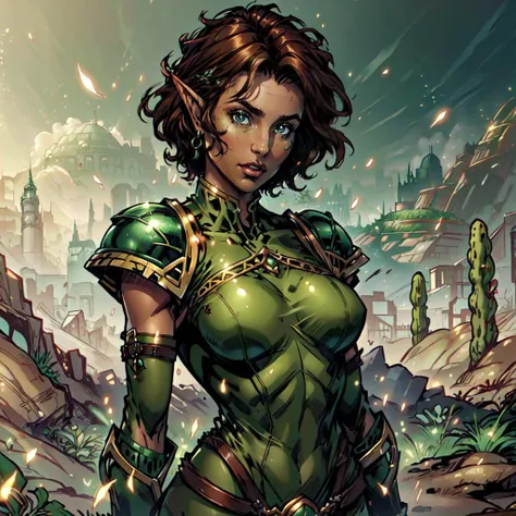 (masterpiece, best quality), dark-skinned female, half-elf, druid, rosey-brown hair, adult, stern,  ((intricate)), green leather armor, magic casting, leaning back, looking at viewer, upper body, plateau, sandstorm, (sparse garden), desert, scrubland, 
 <l...