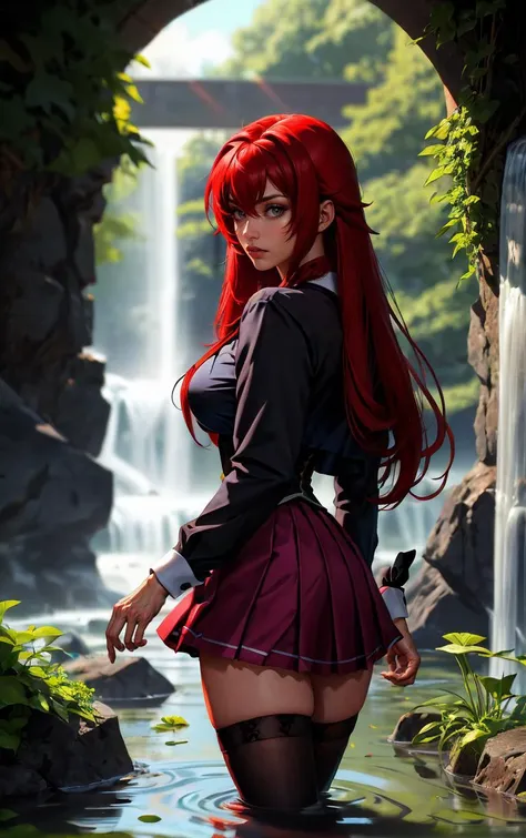 a close up of a woman in a short skirt standing in a stream