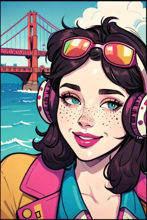 1girl, close up face, freckles across bridge of nose and cheeks, colored sunglasses, smiling, colored lipgloss, big chunky headphones, short very messy hair