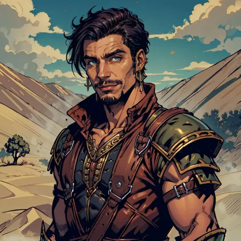 (masterpiece, best quality), dark-skinned man, rogue, thin, goatee, adult, bard, jovial,  ((intricate)),earring, leather armour, dagger, friendly,  looking at viewer, upper body, desert, scrubland,  sandstorm