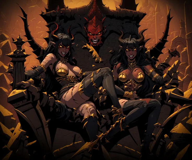 1girl, solo, red skin, pointy ears, gold curving horns from head, fangs, voluptuous, yellow eyes, wild long black hair, (torn black stockings:1.2), legs up, dark metal throne, dark palace setting, Clip Skip:2