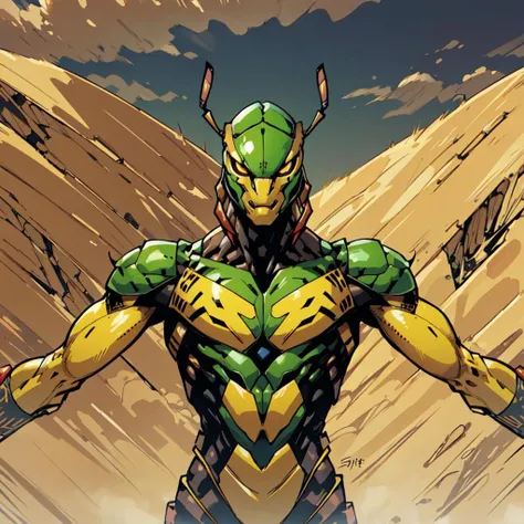 (masterpiece, best quality), thri-kreen, mantis head, ((intricate)),male, sandy-yellow skin,four arms, two antennae, mandibles, bipedal, thorax body,  looking at viewer, upper body, desert, scrubland,  sandstorm