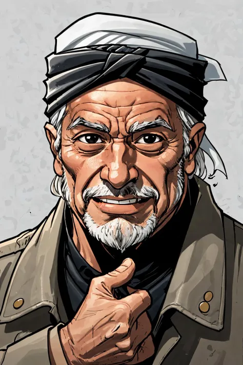 close-up photo portrait of a 80 yo aged Arab man, short grey hair, beard, black eyes, joyful face expression, turban, holding ak-47, military, simple background