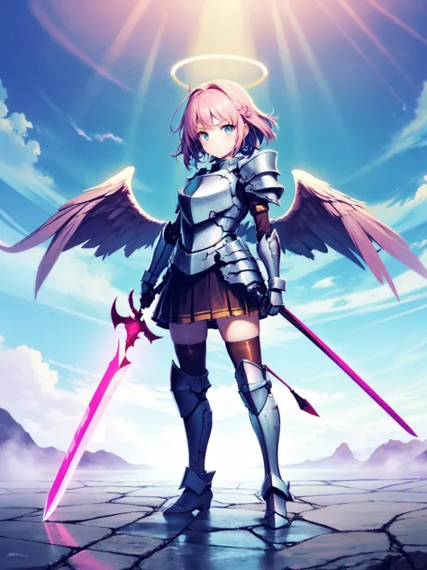 a girl with angel wings and a sword stands in front of a blue sky