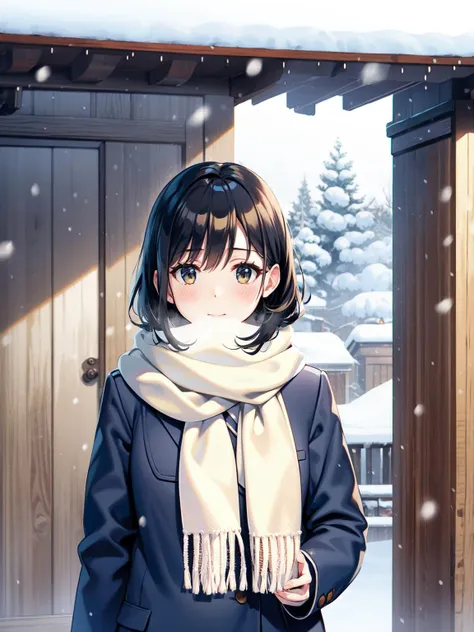 anime girl in winter clothes standing in front of a wooden door