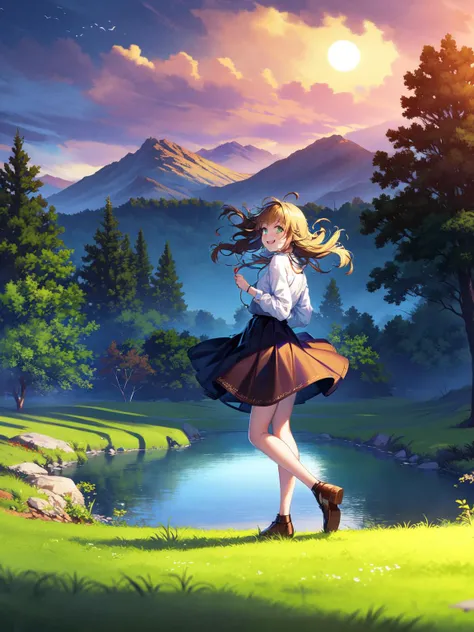 a girl in a skirt is walking across a field near a lake