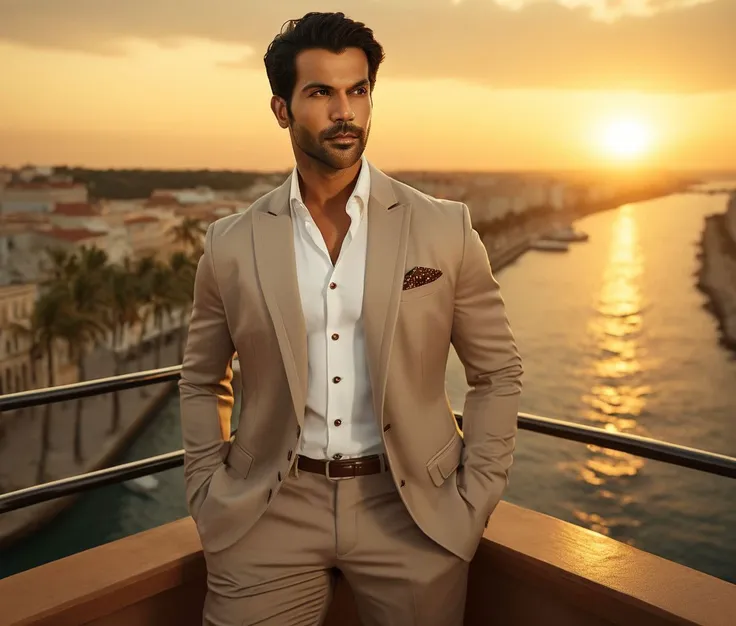 a man in a tan suit standing on a balcony overlooking a river