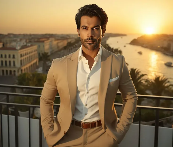 araffeed man in a tan suit standing on a balcony overlooking a city