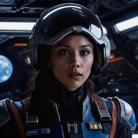 lexa_doig, <lora:LexaDoigXL:1>, space fighter pilot, floating in space, repairing space fighter, alien planet, universe, space, futuristic space suit, closed helmed, neon name tag on helmet that reads "LEXA", ./,(space battleships, space fighters, explosio...