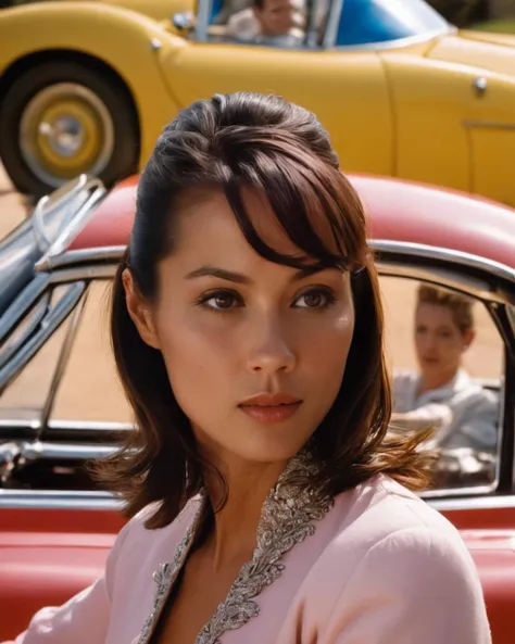 lexa_doig, <lora:LexaDoigXL:1>,(old photograpy) of a movie star from the 60s, 1960 hair style, bun, retro style, standing next to a 1960 sports car, colorful, dramatic light, analogue photography,, ((sharp face, detailed face, realistic face, naturtal skin...