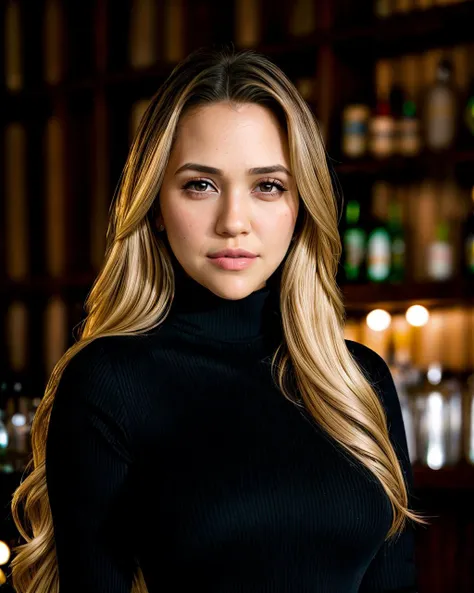 closeup headshot of mmalkova, an extremely sexy woman with long blonde hair, (long sleeved turtleneck dress:1.2), in a cozy pub, full detail, detailed face, HDR, 8K, interesting background, emotional scene, film still, (cinematic:1.3), soft lighting, <lora...