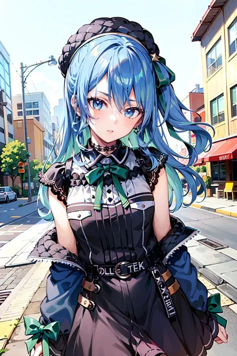 masterpiece, best quality, 1girl, solo, upper body, closeup portrait, sui2, 1girl, solo, one side up, hoshimachi suisei, blue hair, orange pantyhose, green ribbon, black skirt, star (symbol), off shoulder, blue jacket, jewelry, short sleeves, thigh strap, ...