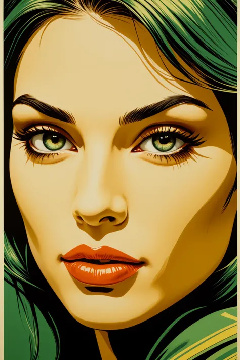 a colored painting of a pretty woman with an eye for detail, in the style of richard phillips, shepard fairey, silkscreen, dark yellow and green, shiny/glossy, martin ansin, graphic design poster art