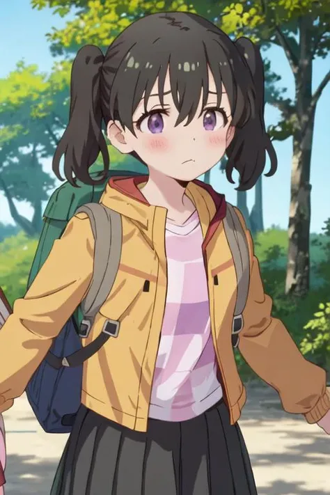 best quality, masterpiece, highres, solo, {kuraue_hinata_encouragementofclimb:1.15}, black_hair, blush, purple_eyes, twintails, bangs, closed_mouth, outdoors, hair_between_eyes, 1girl, jacket, tree, anime_coloring, backpack, bag, forest, nature, shirt, upp...