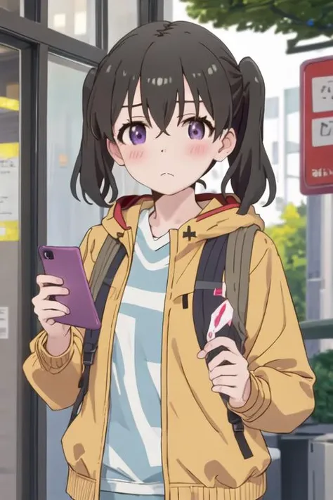 best quality, masterpiece, highres, solo, {kuraue_hinata_encouragementofclimb:1.15}, black_hair, blush, purple_eyes, twintails, bangs, closed_mouth, outdoors, hair_between_eyes, 1girl, cellphone, holding, holding_phone, hood, jacket, long_sleeves, phone, y...