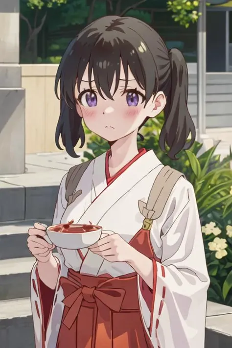 best quality, masterpiece, highres, solo, {white kimono:1.35}, {red hakama:1.35}, {wide sleeves:1.20}, {kuraue_hinata_encouragementofclimb:1.15}, black_hair, blush, purple_eyes, twintails, bangs, closed_mouth, outdoors, hair_between_eyes