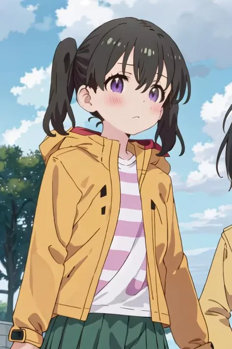 best quality, masterpiece, highres, solo, {kuraue_hinata_encouragementofclimb:1.15}, black_hair, blush, purple_eyes, twintails, bangs, closed_mouth, outdoors, hair_between_eyes, cloud, day, sky, cloudy_sky, jacket, looking_at_viewer, yellow_jacket, 1girl, ...