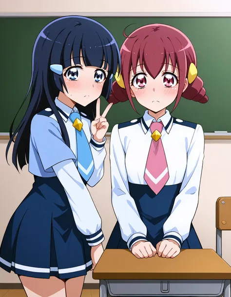 anime image of two girls in school uniforms standing in front of a blackboard