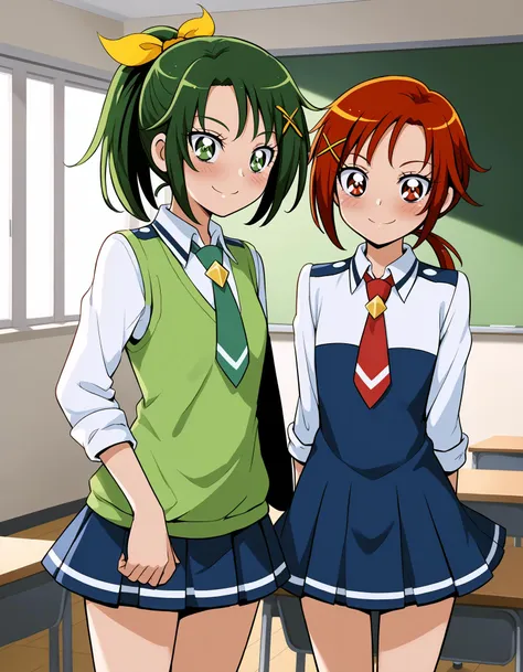 anime image of two girls in school uniforms standing in a classroom