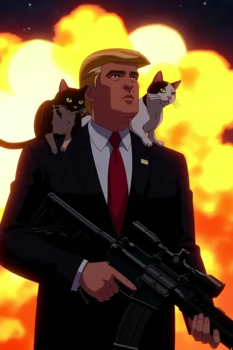 trump with cats on shoulders holding ar15 rifle, explosions at background