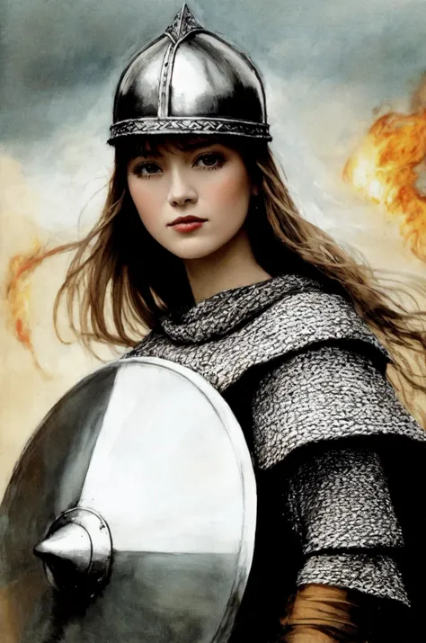 kkw-ph1, a  warrior queen, 1girl, grey eyes, very long hair, viking, flaming eye, distinguished, GS-Womanly
BREAK
<lora:Medieval_Armor:0.85> chainmail, tunic, helmet, shield