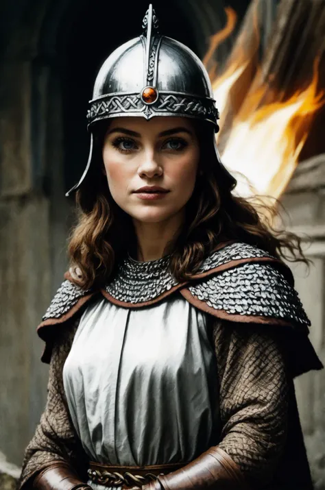 kkw-ph1, a  warrior queen, 1girl, grey eyes, very long hair, viking, flaming eye, distinguished, GS-Womanly
BREAK
<lora:Medieval_Armor:0.85> chainmail, tunic, helmet, shield