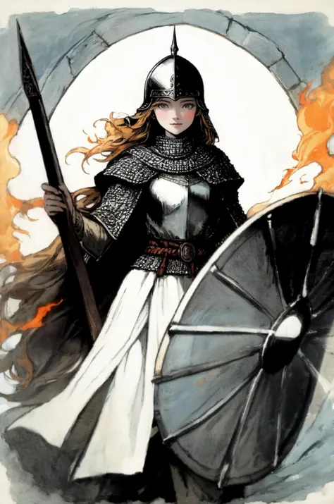 kkw-ph1, a  warrior queen, 1girl, grey eyes, very long hair, viking, flaming eye, distinguished, GS-Womanly
BREAK
<lora:Medieval_Armor:0.85> chainmail, tunic, helmet, shield