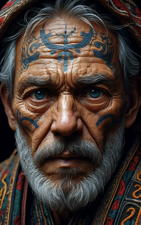 Looks like a wise man,age 70 years,A high forehead with sophisticated parallel long wrinkles,dressed in an embroidered cloak,prominent cheekbones,With tribal graffiti totem markings on his face,wide and round face<lora:InkArtXL_1.2:0.75><lora:epiCPhoto:1>,...