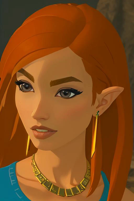 (extremely detailed 8K, high resolution, ultra quality), <lora:Style_BOTW:0.8> botw style, <lora:6teen_CourtneyMasterson:0.5> courtney_masterson, orange hair, jewelry, earrings, necklace