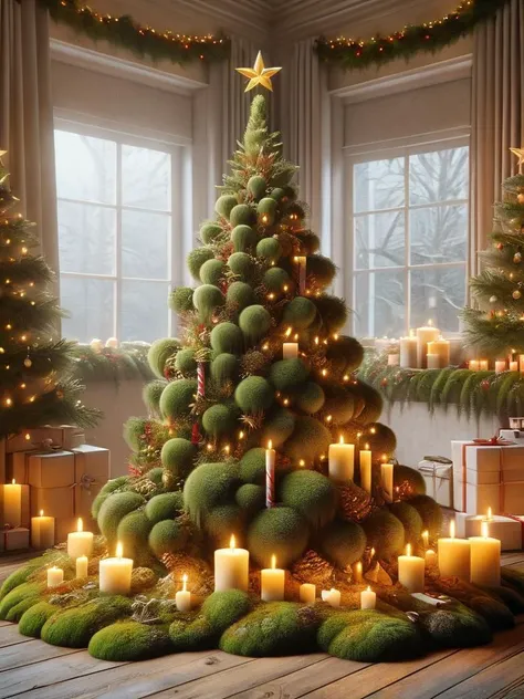 ovrgrwth, a christmas tree with moss and candles in a room <lora:ovrgrwth-sdxl:1>