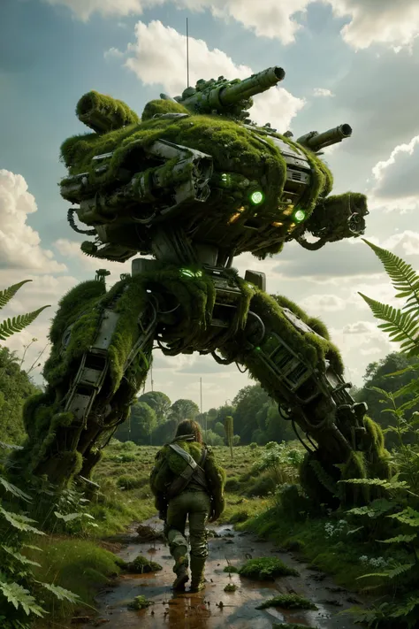 a man walking in a forest with a giant robot in the background