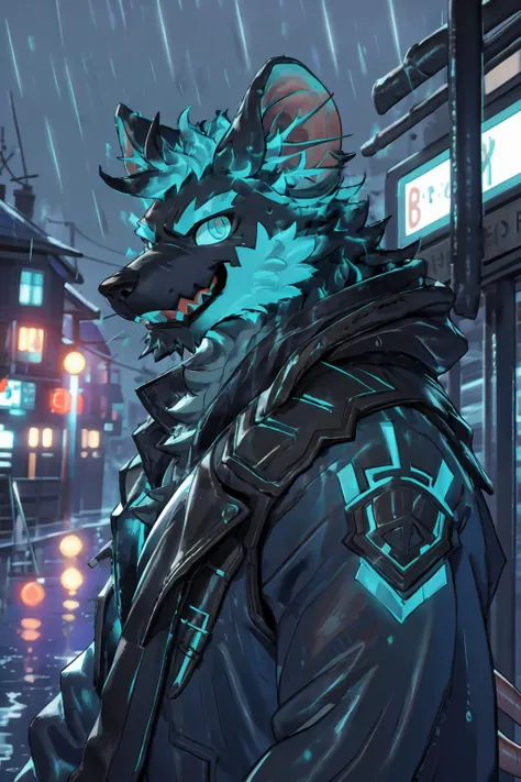 a close up of a person in a black jacket and a blue and black wolf