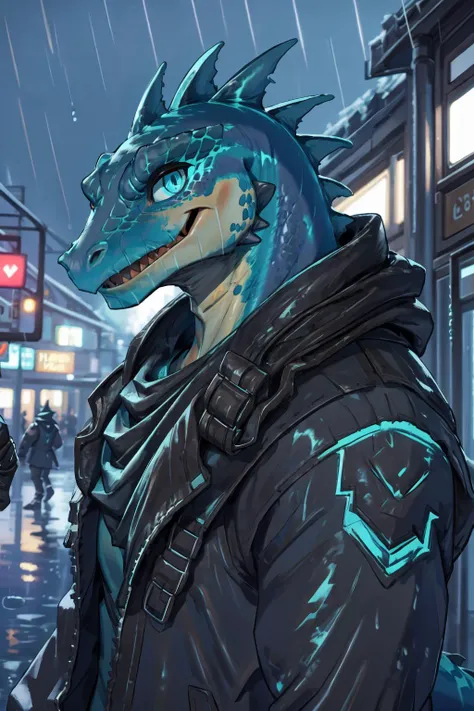 a close up of a person in a black jacket and a dragon head