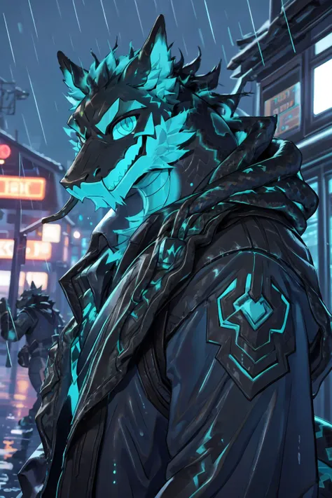 a close up of a person in a black jacket and a blue mask