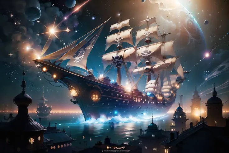 (A fantasy pirate ship in outer space:1.2),  fantasy background, cannon explosion, Pirates walking on ship, in the style of 1001ArabianNights, hyper real, highly detailed, octane render,  <lora:1001ArabianNightsV3:0.8>