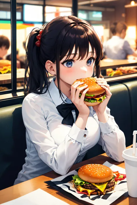 masterpiece, best quality, natural color, 1girl, office lady, <lora:hugeTwoHandedBurger_v1:0.3>, two-handed burger, eating, burger, holding burger with two hands,
fast food restaurant, booth seating, table, window, city, bustling, busy, evening, <lora:epiN...