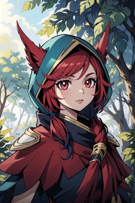 a woman with red hair and horns in a forest