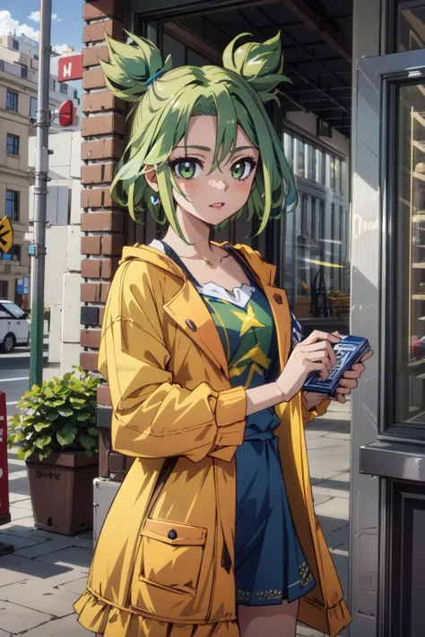 anime girl in yellow raincoat looking at her cell phone