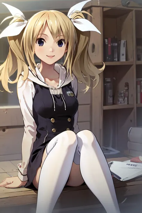 anime girl sitting on a desk with a bookcase in the background