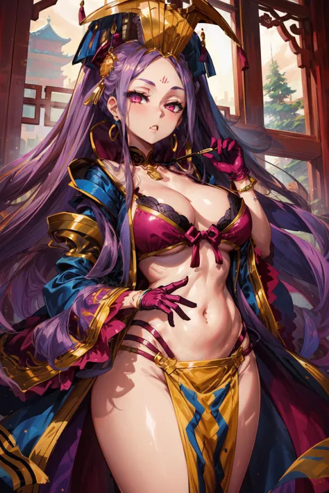 masterpiece,best quality,1girl,wu zetian (fate),wz1,twintails,huge breasts,wide hips,forehead mark,pelvic curtain,bow bra,gloves,jewelry,navel,chinese clothes,earrings,crown,wide sleeves,long sleeves,shawl,<lora:wu_zetian_(fate)_v1:0.7>,