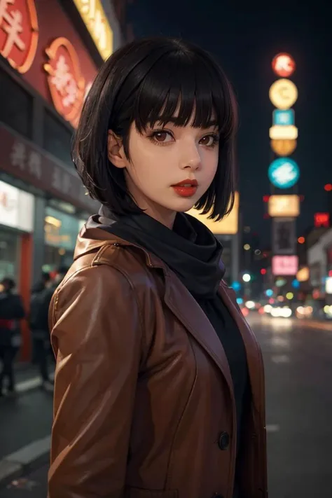 a woman in a brown jacket standing on a city street