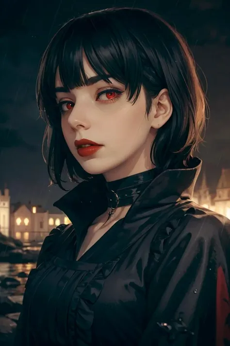 a woman with red eyes and black hair standing in front of a castle