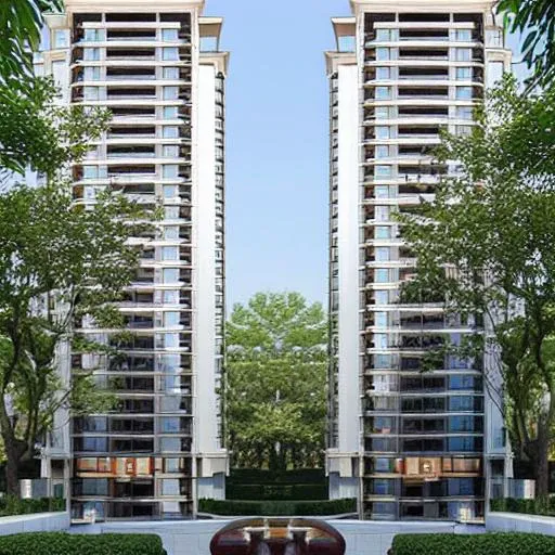 arafed view of two tall buildings with a fountain in front of them