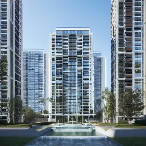 a view of a fountain in a park with tall buildings in the background