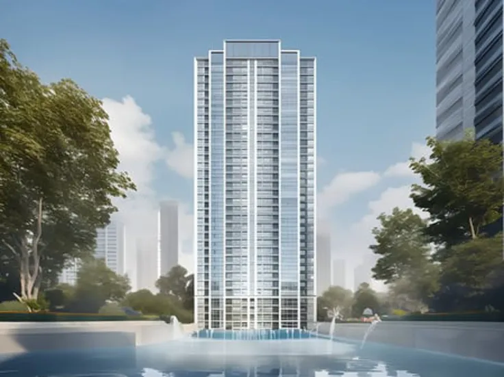 a rendering of a tall building with a fountain in front of it