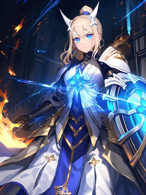 a woman in a blue dress holding a sword and a fire